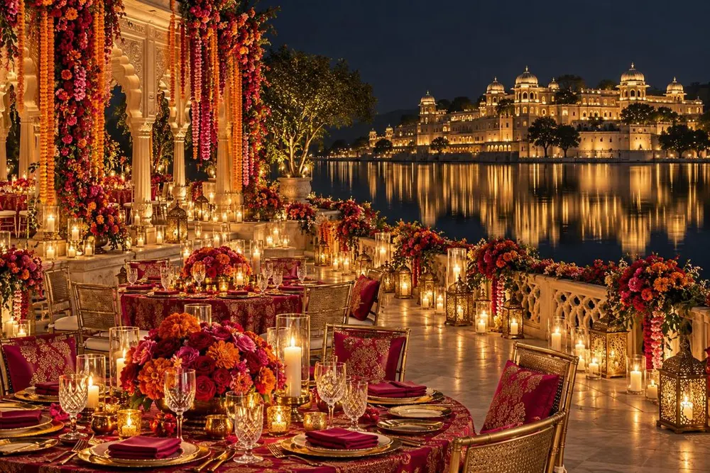 Wedding reception tables overlooking the lake