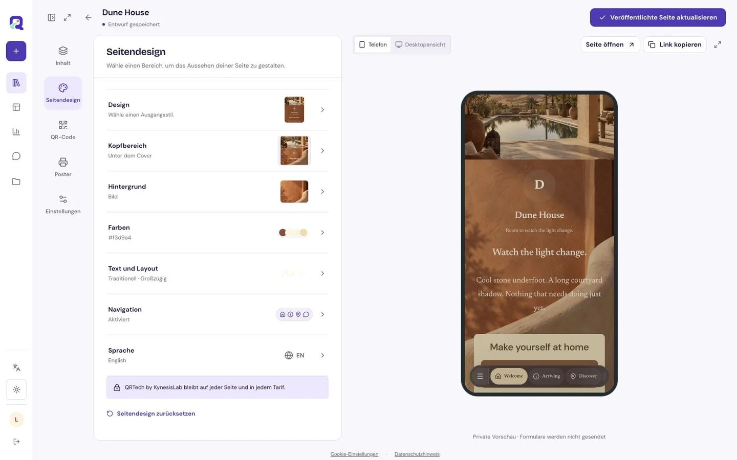 QRTech Seitendesign-Editor mit visuellen Steuerungen neben seiner Mobilvorschau
