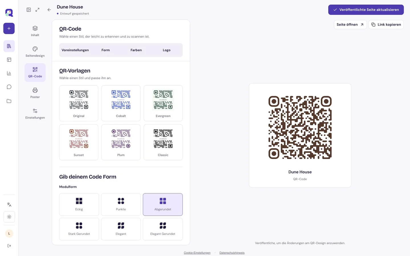 QRTech Code-Designpanel mit Vorschau- und Freigabesteuerungen
