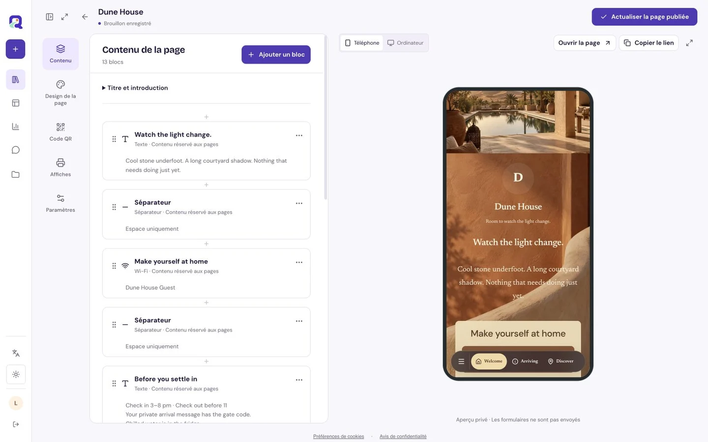 Éditeur de contenu QRTech pour composer une page avec des blocs pris en charge