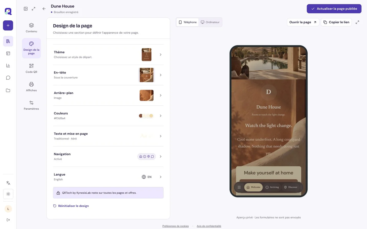 Éditeur de design de page QRTech avec contrôles visuels à côté de son aperçu mobile