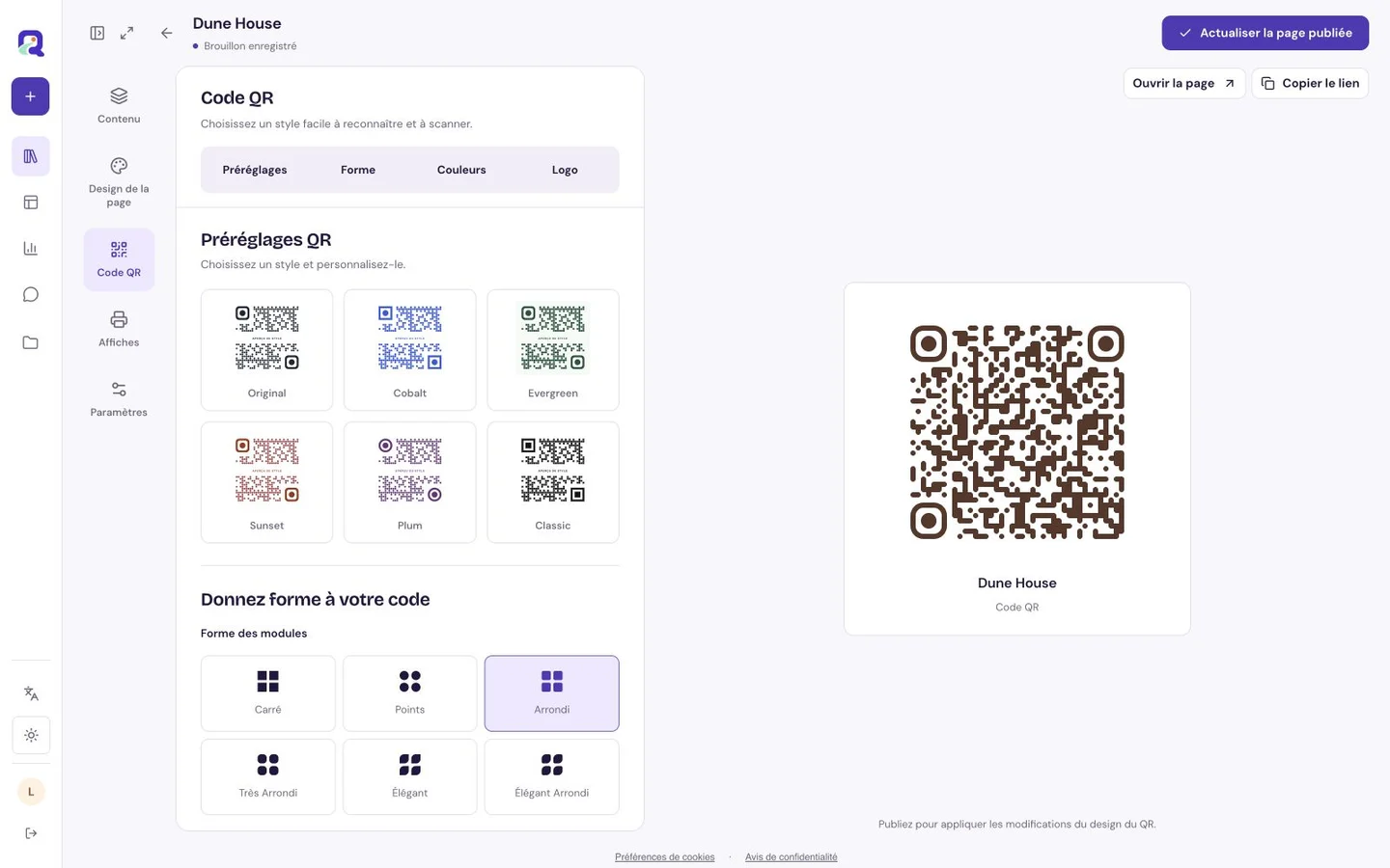 Panneau de design de code QRTech avec aperçu et contrôles de partage