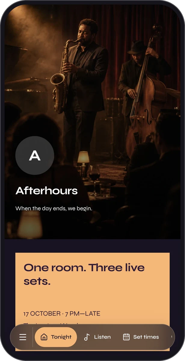 Afterhours native page preview in a mobile frame