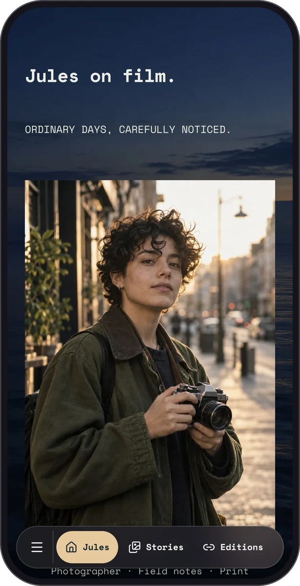 Jules on Film native page preview in a mobile frame