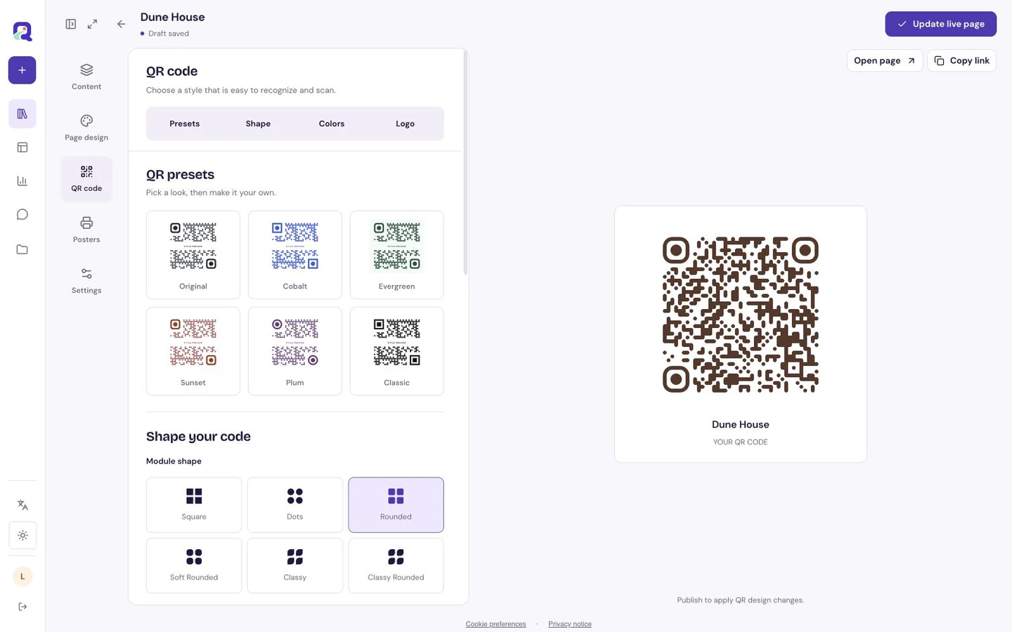 QRTech code design panel with preview and sharing controls